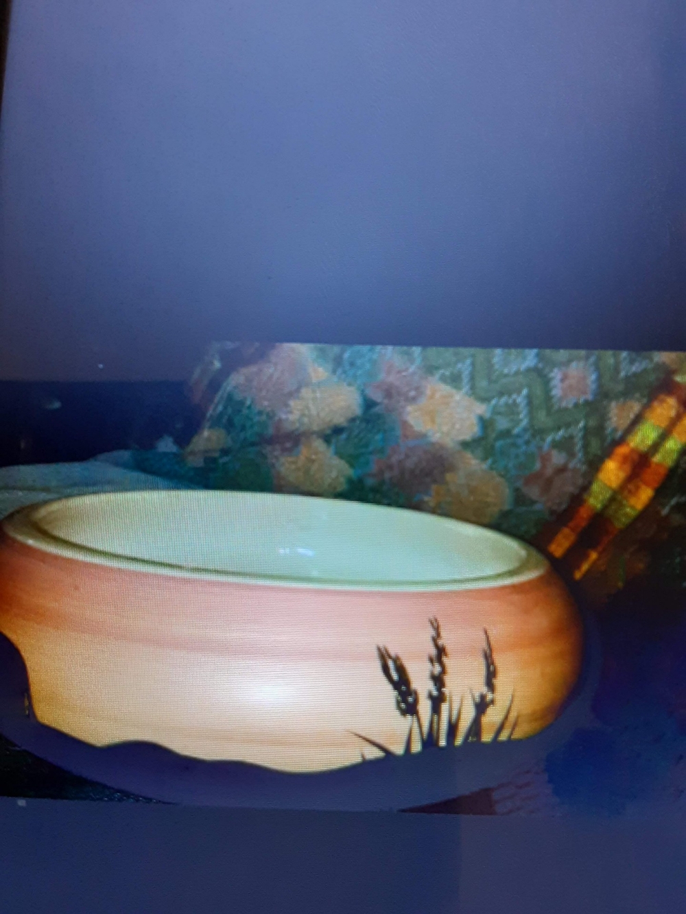 Pink Black Glazed Ceramic Bowl with Black Grass Motif